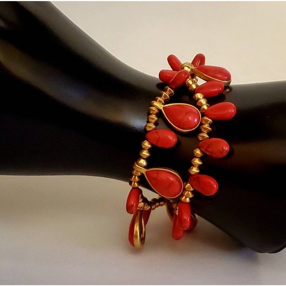 Lauren Bracelet, Gold-Tone Beads and Red Faux Stones by Ralph Lauren (Still has - Picture 2 of 4